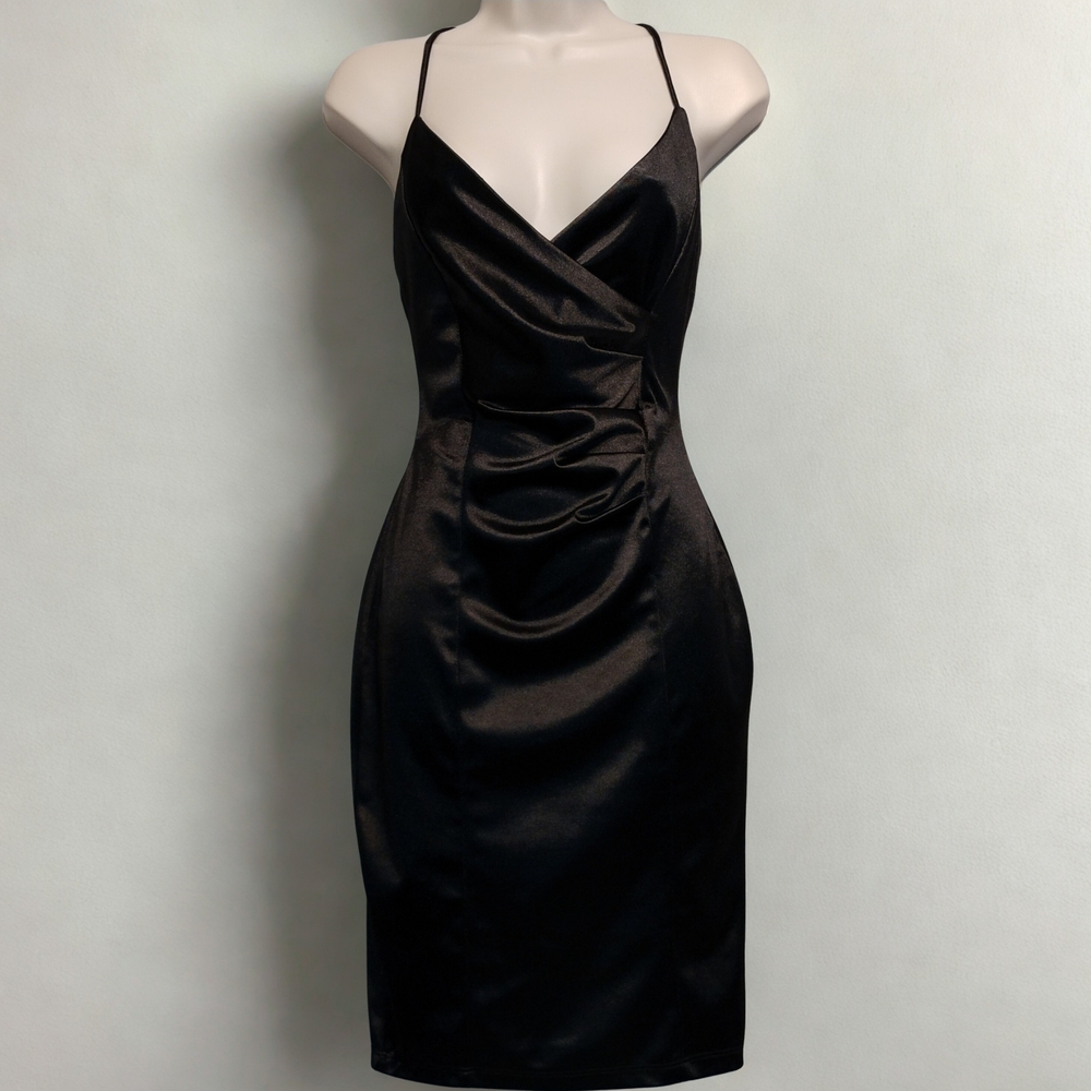Windsor Black Satin Bodycon Dress – Crisscross Back, Stretchy Fit